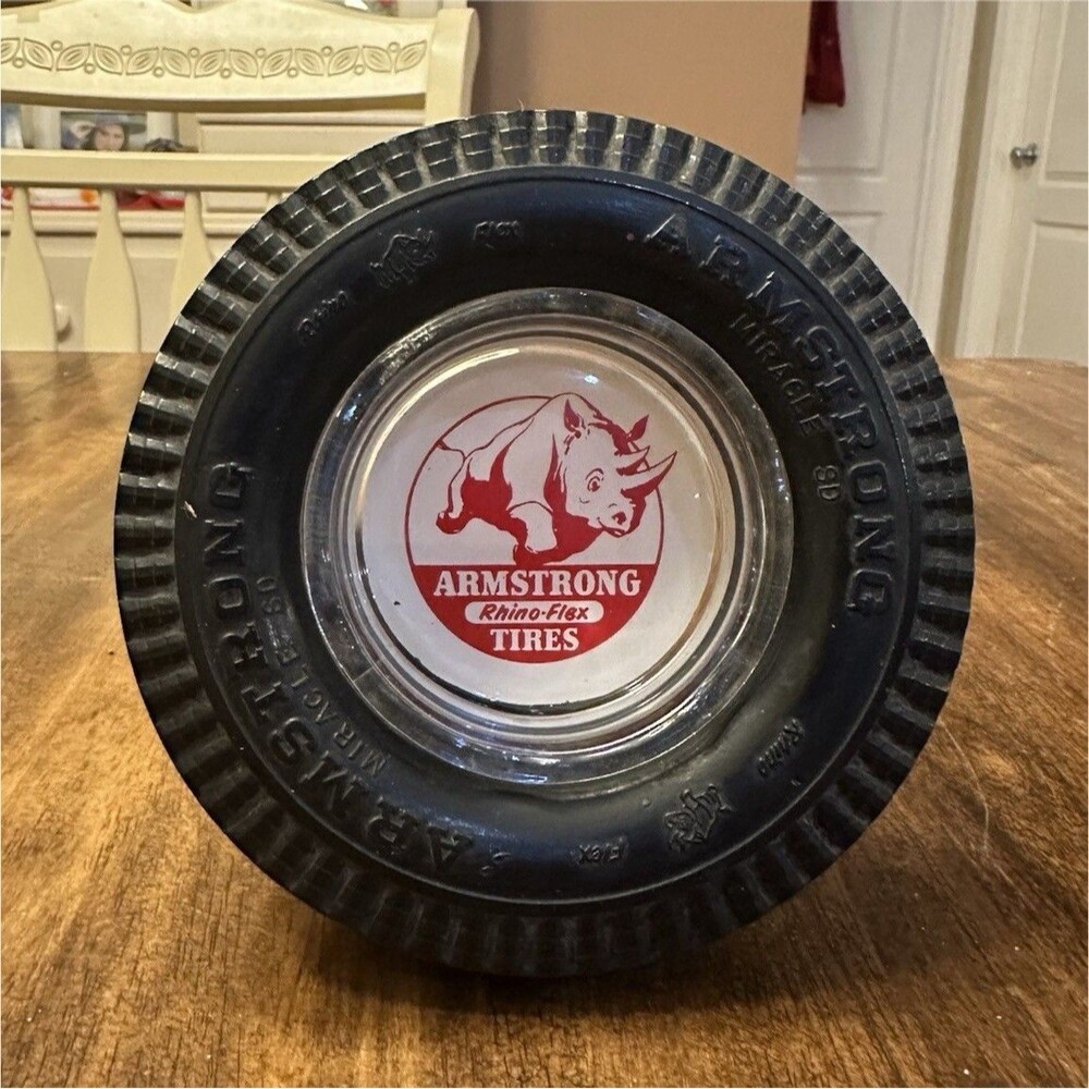 Vintage Armstrong Rhino-Flex Tires Advertising Tire Ashtray Glass Gas Oil 6"